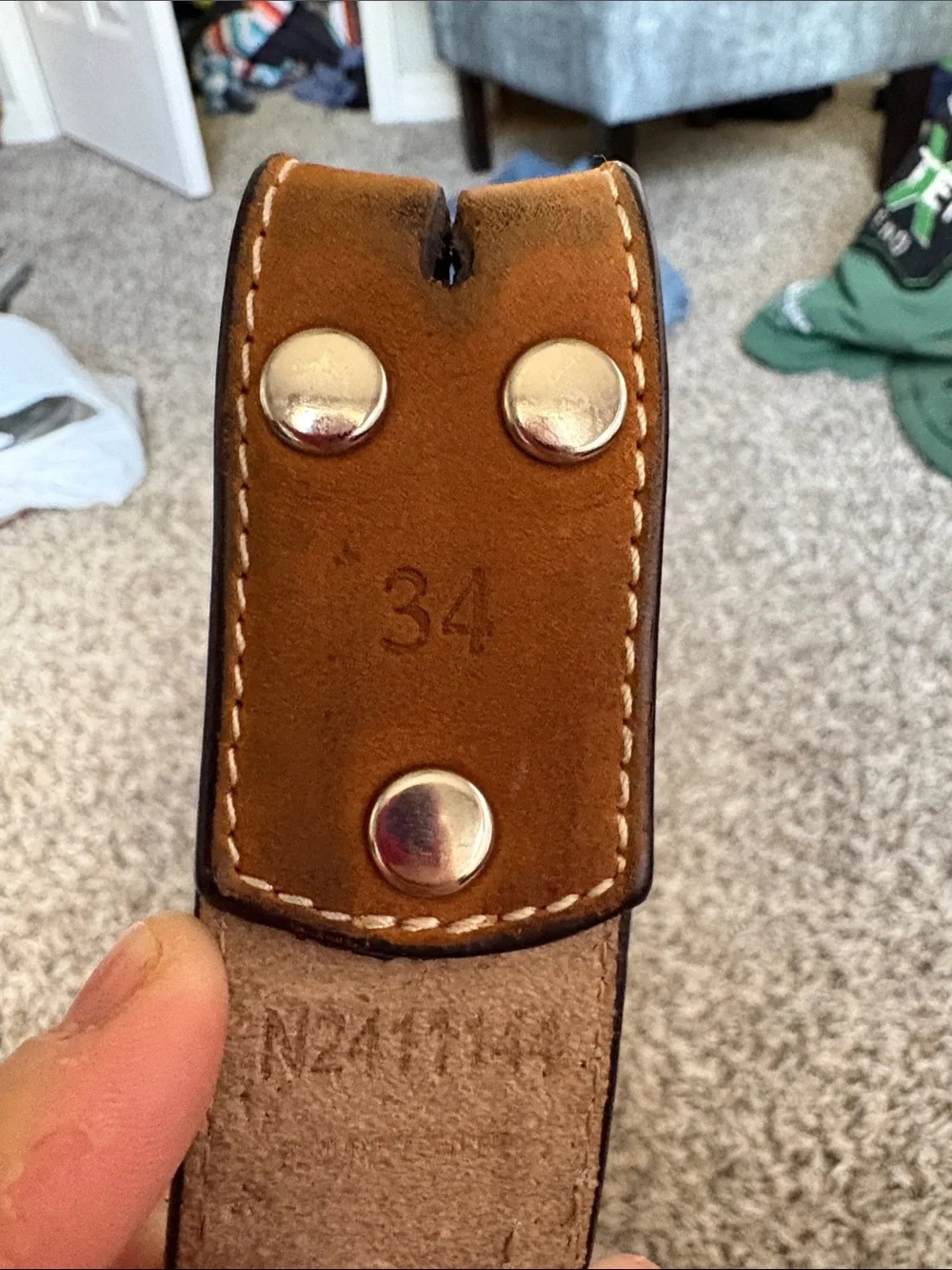 Women's Tan Leather Belt with Navy and Cream Woven Detail